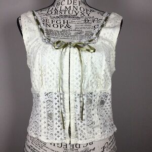 Beverly & Beck fairycore corset style sleeveless top cream and green ribbon sz M